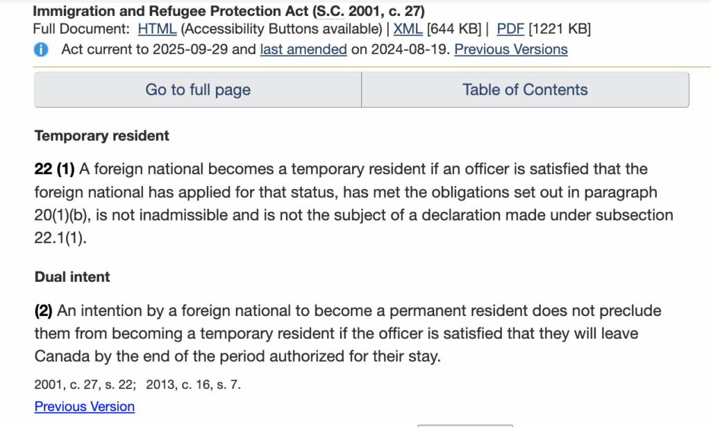 Section 22 of the Immigration and Refugee Protection Act outlining temporary resident and dual intent provisions