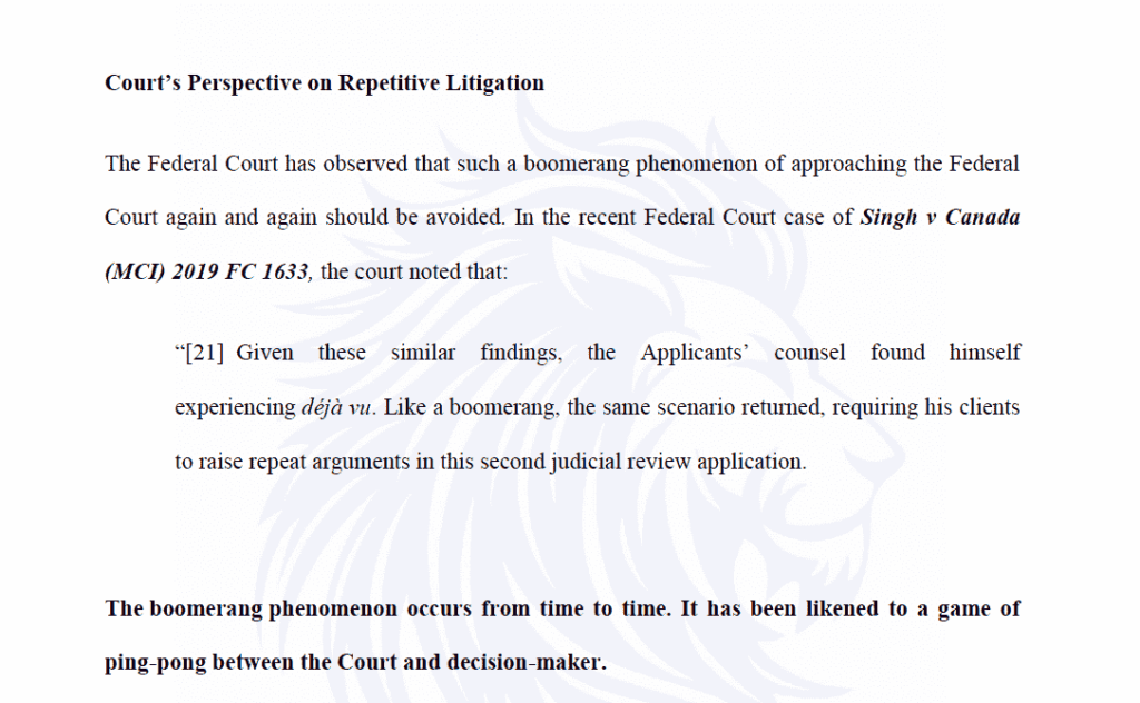 Legal submissions in Singh v Canada highlighting repeated refusals and the boomerang phenomenon where cases return between IRCC and Federal Court