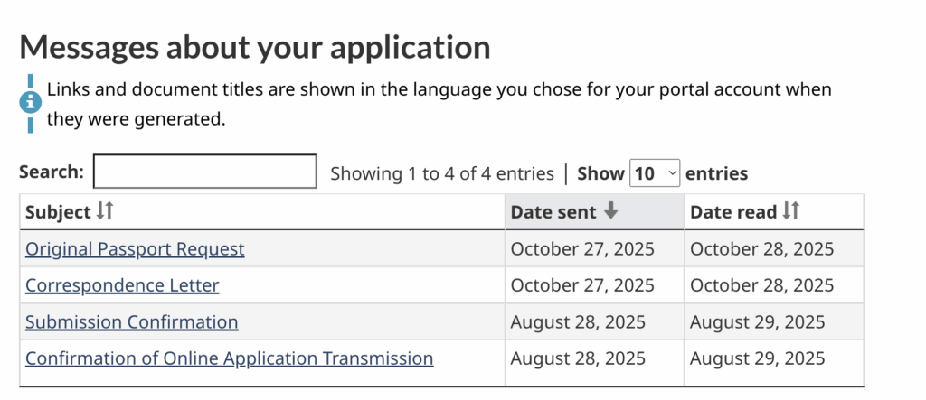 IRCC application messages showing passport request and approval notices