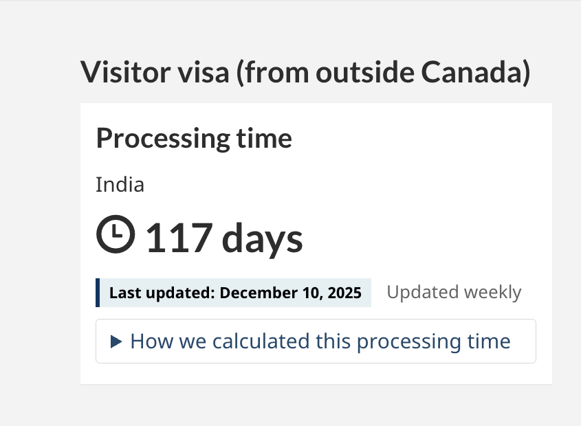 Canada visitor visa processing time from India showing 117 days delay