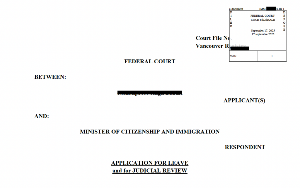 Judicial review application filed in the Federal Court of Canada on September 17, 2025 regarding a study permit refusal