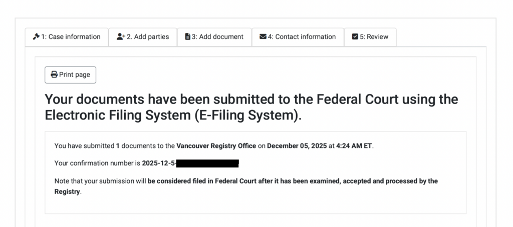 Federal Court electronic filing confirmation for a judicial review application