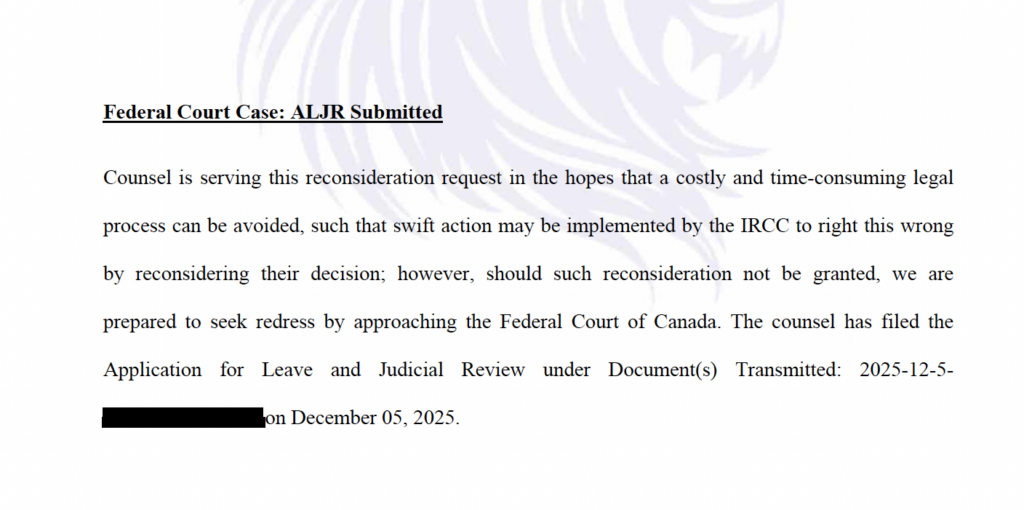 Legal statement referencing Federal Court judicial review filed in support of reconsideration request
