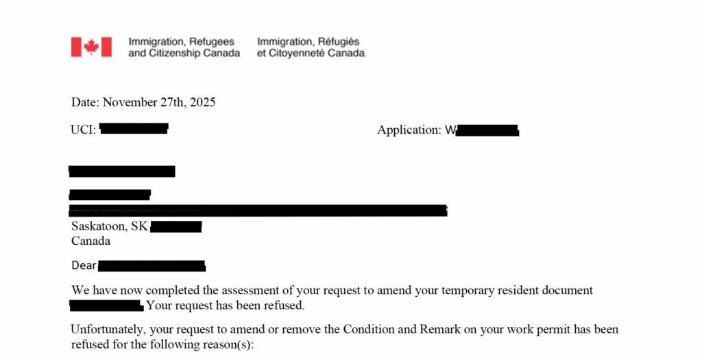 IRCC refusal letter for an application to amend conditions on an open work permit in Canada