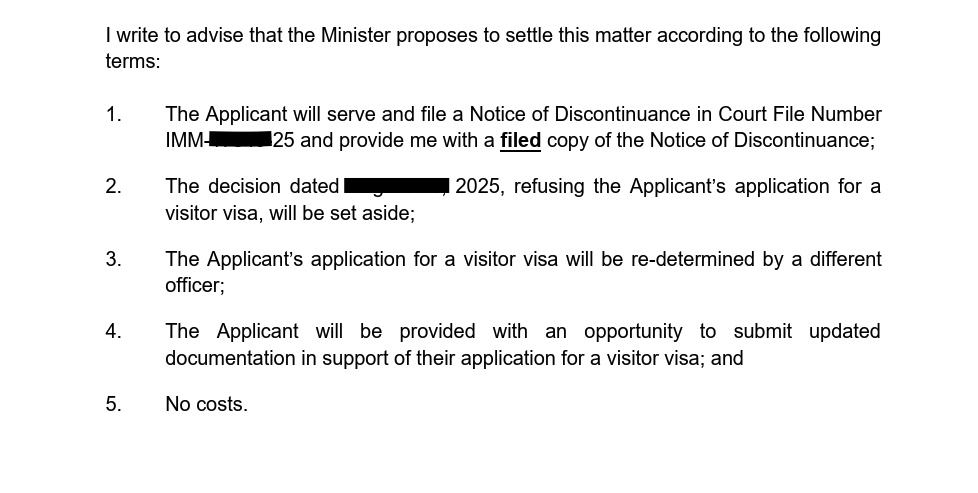 Federal Court settlement setting aside visitor visa refusal and ordering reconsideration
