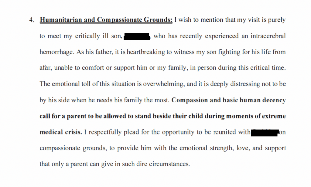 Emergency visitor visa request on humanitarian and compassionate grounds for a critically ill son