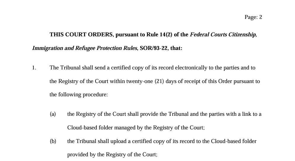 Federal Court order requiring IRCC to provide certified tribunal record within 21 days
