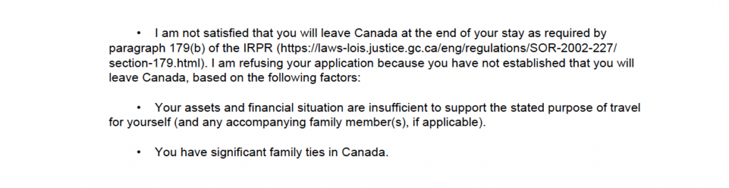 Visitor visa refusal citing family ties in Canada and insufficient financial assets under IRPR 179(b)