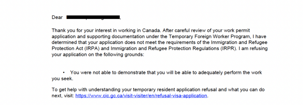 IRCC refusal letter stating applicant could not demonstrate ability to perform LMIA-based work