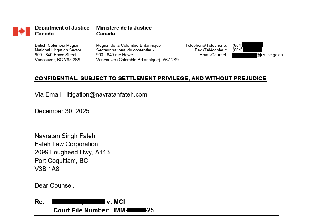 Department of Justice settlement letter in Canadian visitor visa judicial review