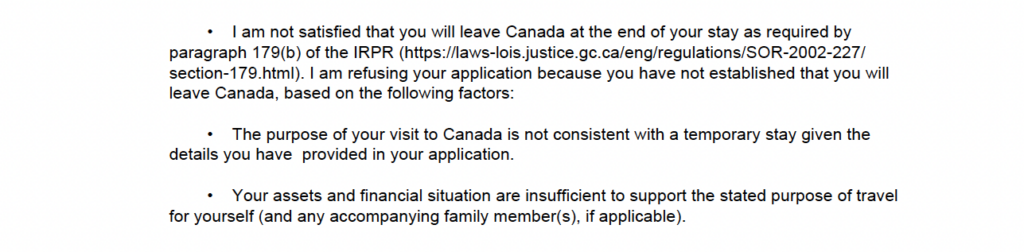 Visitor visa refusal citing IRPR 179(b) for purpose of visit and financial concerns