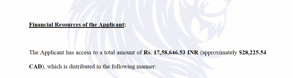 Applicant’s financial resources submitted for Canadian visitor visa application