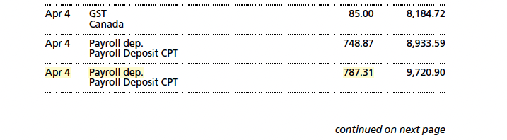 Bank statement showing payroll deposits labeled CPT in spousal open work permit application