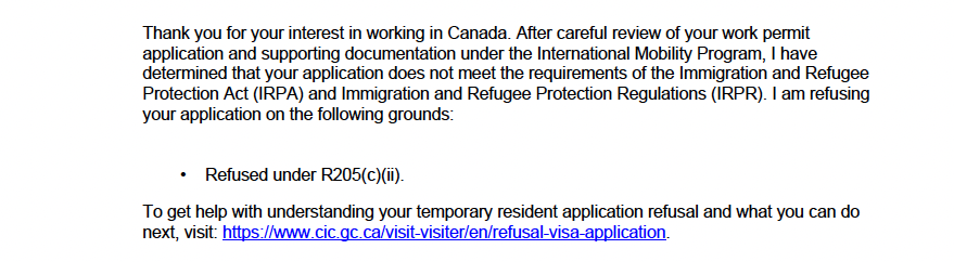 Spousal open work permit refused under IRPR R205(c)(ii) by visa officer