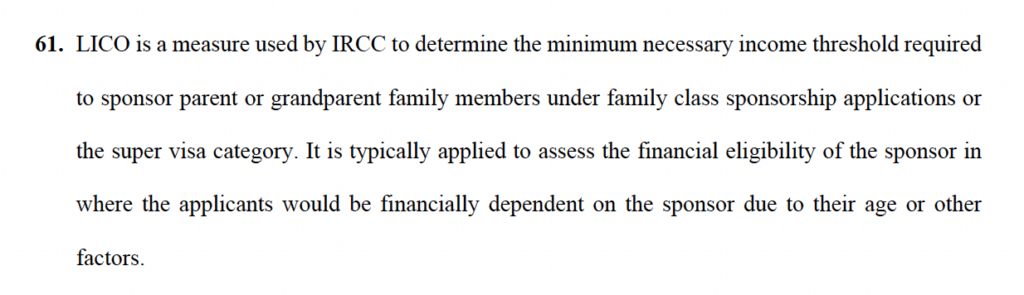 Explanation of LICO income threshold for parent and grandparent sponsorship cases