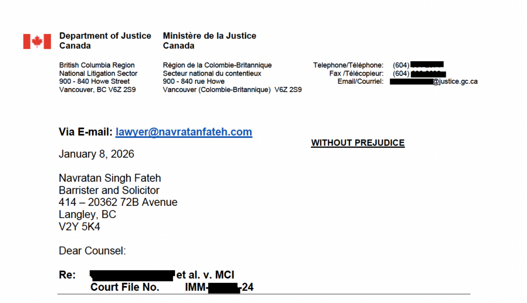 Department of Justice Canada settlement correspondence following Federal Court immigration proceedings