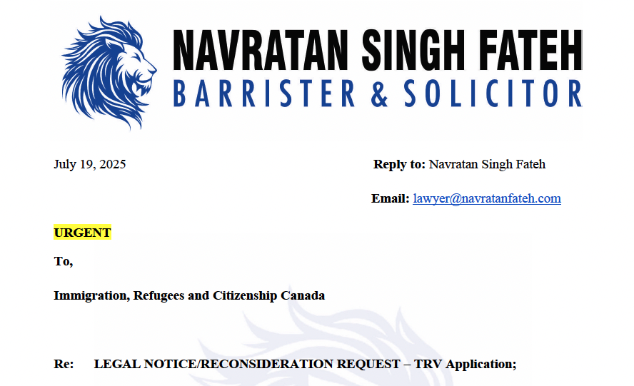Legal reconsideration request sent to IRCC after TRV refusal before Federal Court proceedings