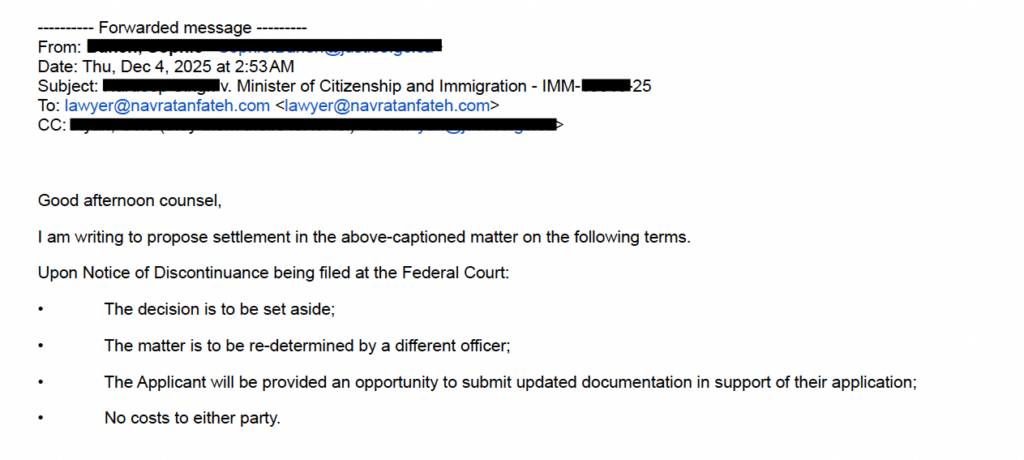 Federal Court settlement offer from Department of Justice setting aside TRV refusal