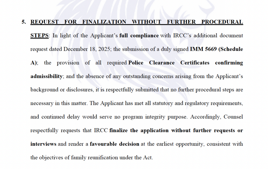 Request for finalization of spousal sponsorship application after IRCC document compliance
