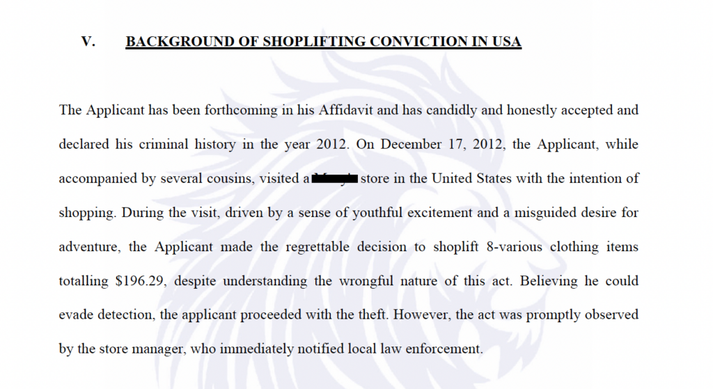 Background of 2012 shoplifting conviction in the United States for Canadian immigration assessment