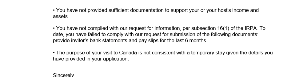 IRCC refusal reasons citing non-compliance with document request under subsection 16(1) of IRPA