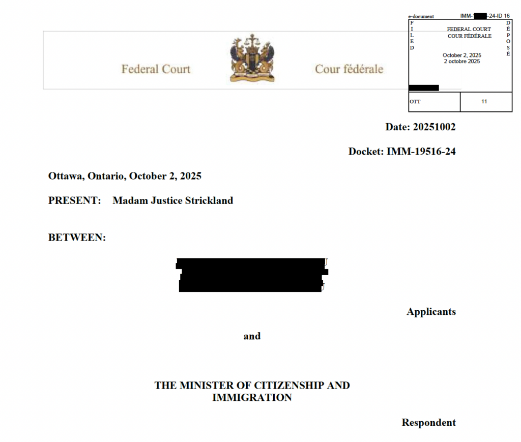 Federal Court of Canada order by Justice Strickland granting leave for judicial review in immigration case